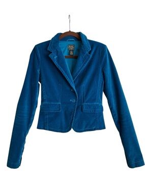 LUCKY BRAND Velvet Blazer Teal Blue Cropped Jacket Boho Luxe Tailored Size S
